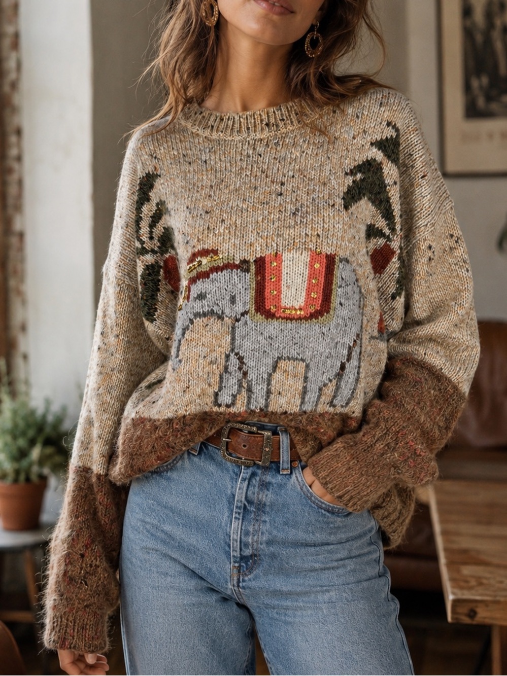 Vintage 90s Together Sequin Elephant Safari Folk Art Animal Print Sweater Sz XL